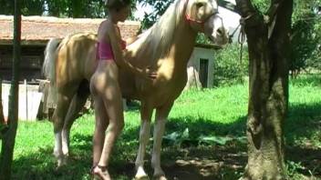 Authentic equine erotica outdoors featuring a sexy babe