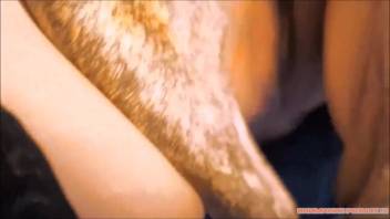 Wavy-haired dark-haired woman is pounded by a filthy canine