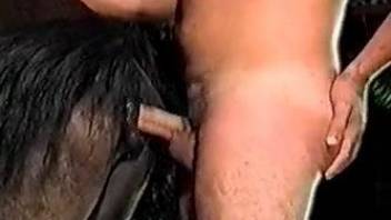 Man with erect joystick tastes horse's hole from behind