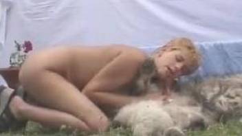 Short-haired MILF nicely fucked by small dog in fresh air