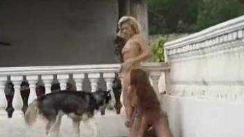 Two sweet babes are having outdoor sex with husky