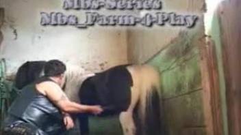 Obese MILF in leather sucking a pony's pretty penis