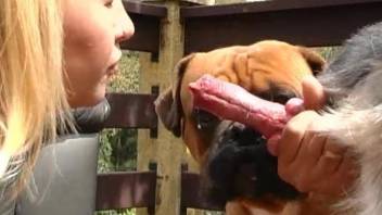 Young blonde with no tits enjoys the dog for a few zoo rounds