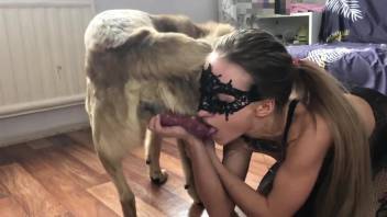 Naughty blonde eagerly swallows hairy canine's cock with superb skill